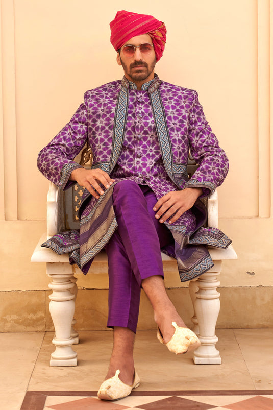 Purple Color Art Silk Fabric Readymade Wedding special Indo Western For Men