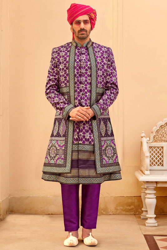 Purple Color Art Silk Fabric Readymade Wedding special Indo Western For Men