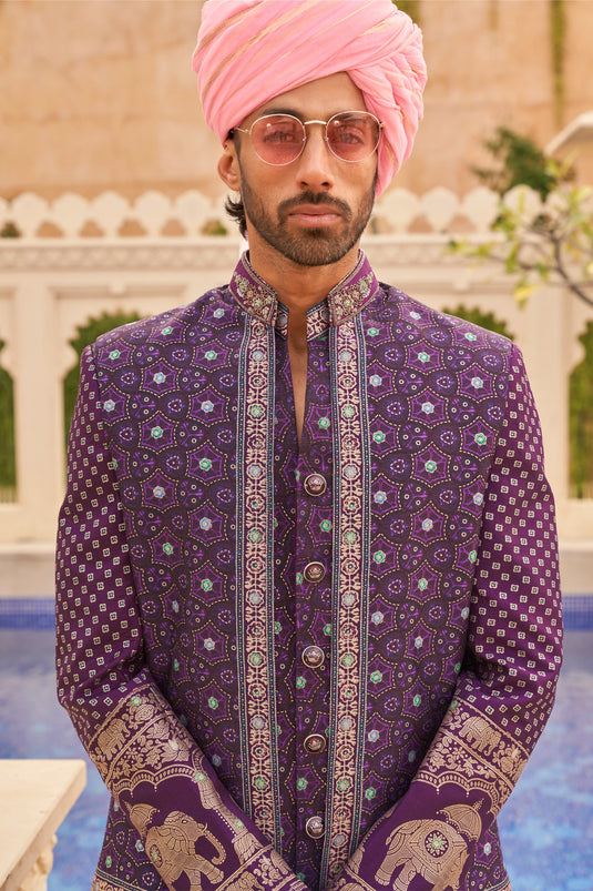 Elegant Purple Color Art Silk Fabric Wedding Wear Readymade Indo Western For Men