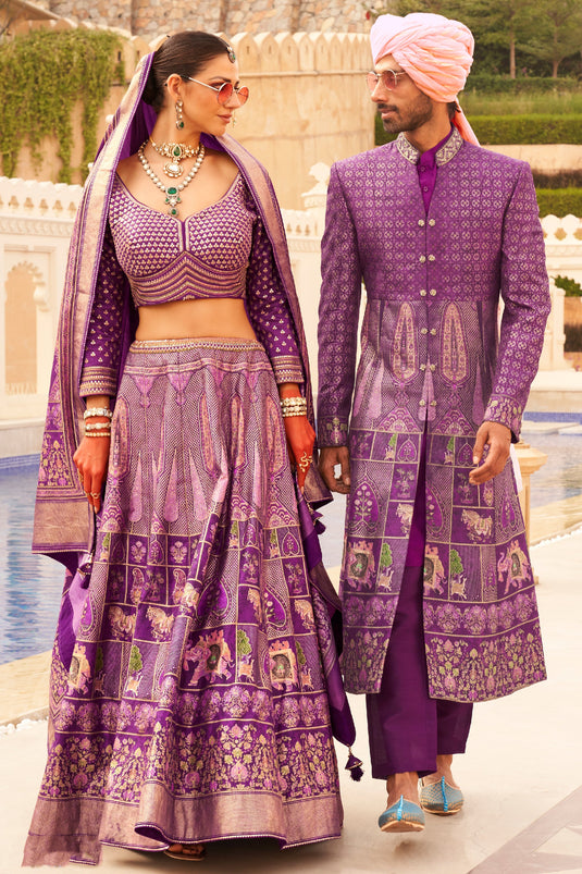 Wedding look Art Silk Fabric Readymade Indo Western For Men in Purple Color