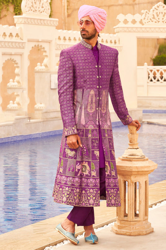 Wedding look Art Silk Fabric Readymade Indo Western For Men in Purple Color