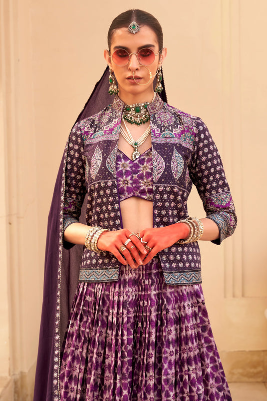 Foil Printed Work Purple Color Glorious Readymade 3 piece Lehenga Choli In Art Silk Fabric