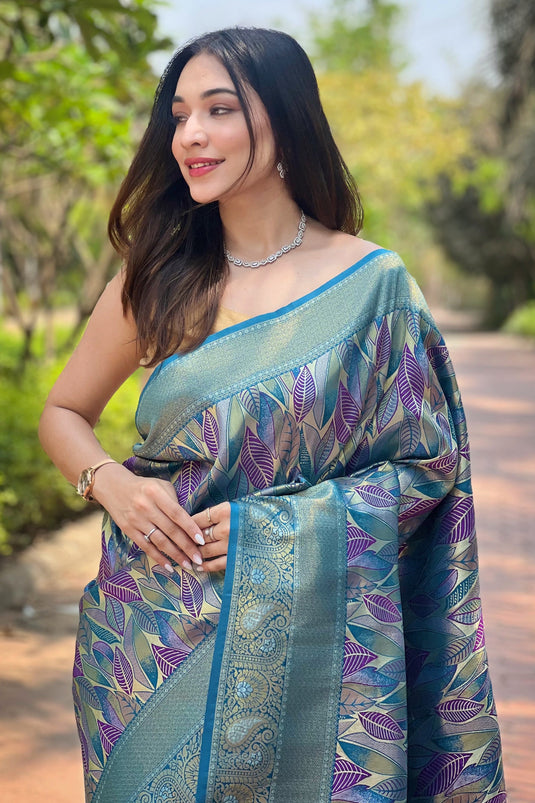 Cyan Color Weaving Work On Art Silk Fabric Beatific Saree