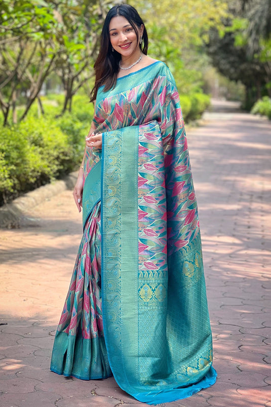 Embellished Weaving Work On Sky Blue Color Art Silk Fabric Saree