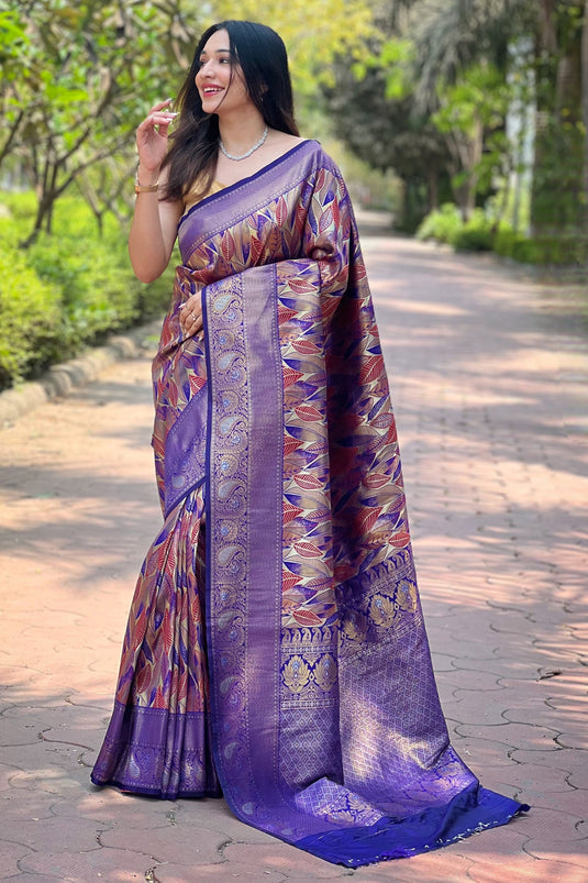 Weaving Work On Purple Color Gorgeous Saree In Art Silk Fabric