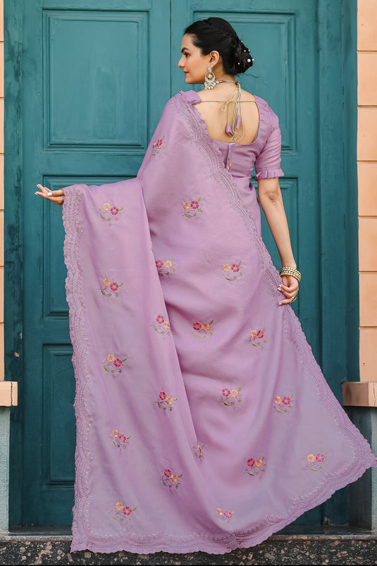 Amazing Embroidered Work On Purple Color Cotton Fabric Saree