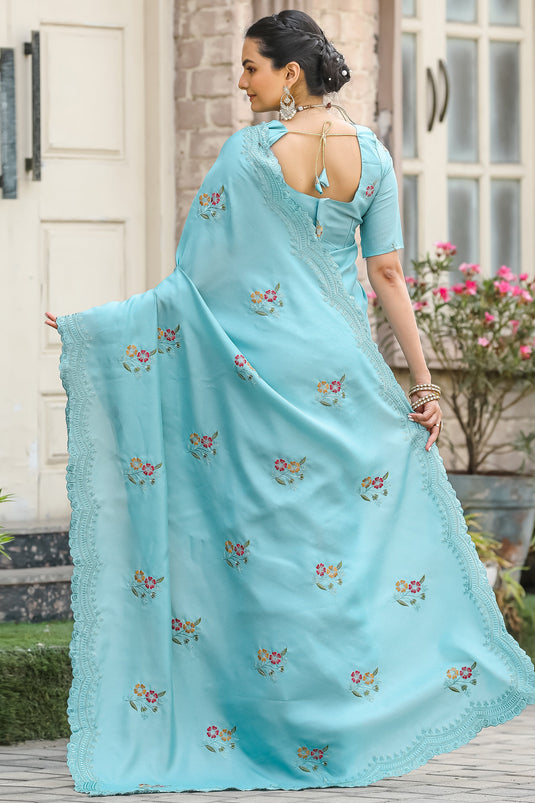 Soothing Embroidered Work On Sky Blue Color Cotton Fabric Saree