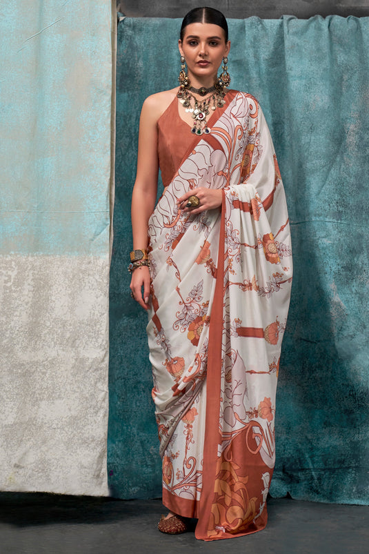 Off White Color Glorious Printed Crepe Fabric Saree In Casual Wear