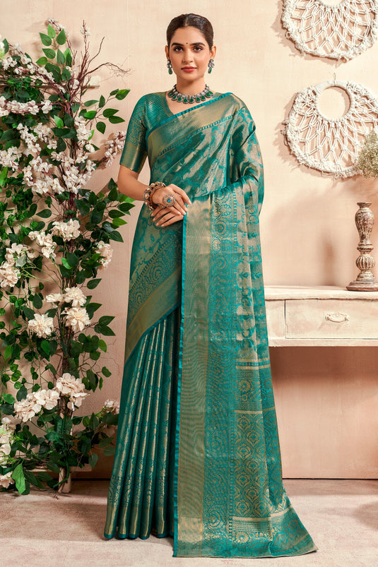 Cyan Color Art Silk Fabric Coveted Saree With Weaving Work