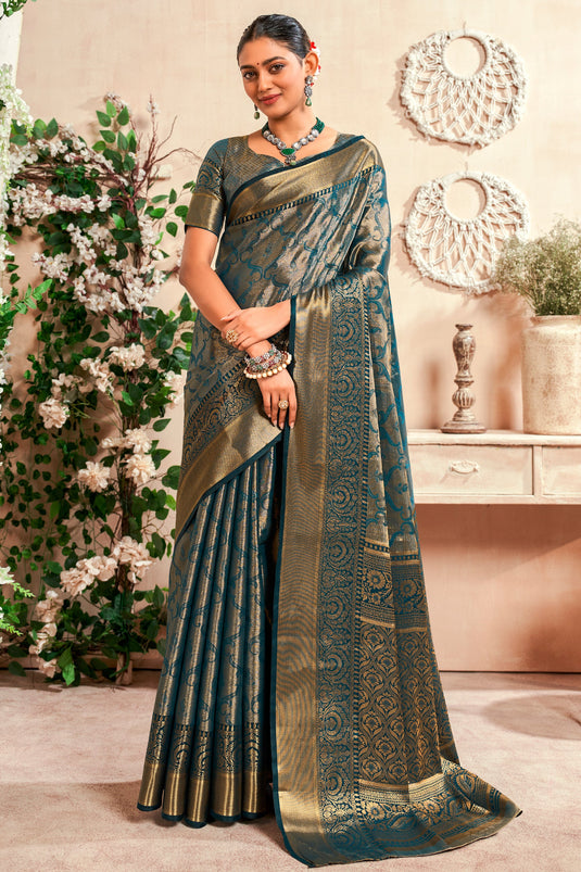 Art Silk Fabric Teal Color Riveting Saree With Weaving Work