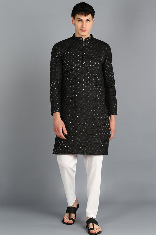 Contemporary Black Color Cotton Kurta Pyjama Set For Men