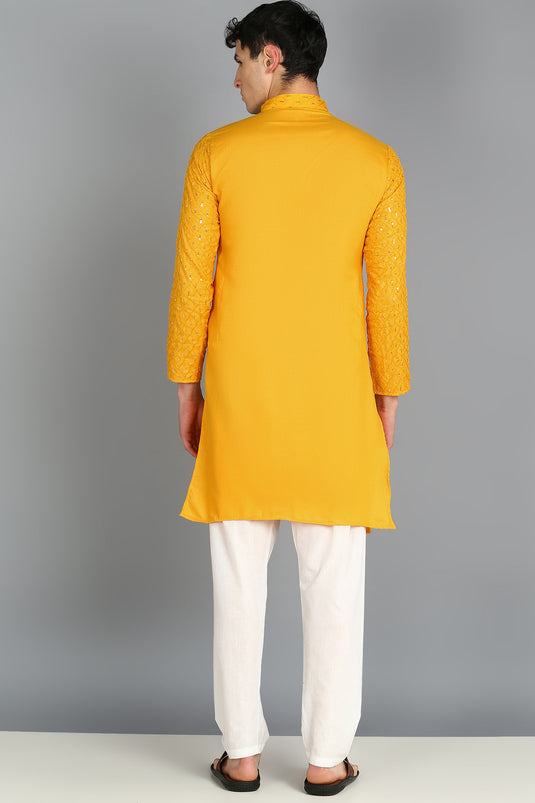 Artistic Cotton Yellow Color Kurta Pyjama Set For Function