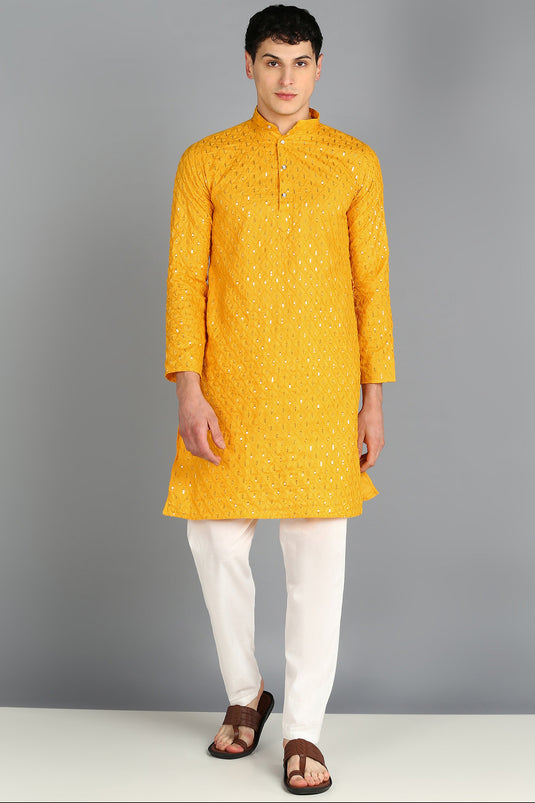 Artistic Cotton Yellow Color Kurta Pyjama Set For Function