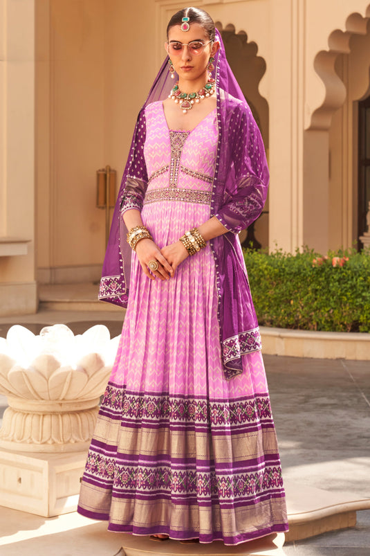 Trendy Art Silk Fabric Embroidered Readymade Long Gown With Dupatta In Purple Color
