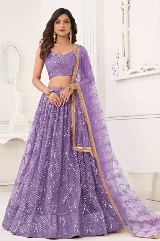 Net Fabric Sequins Work Function Wear Glamorous Lehenga In Lavender Color
