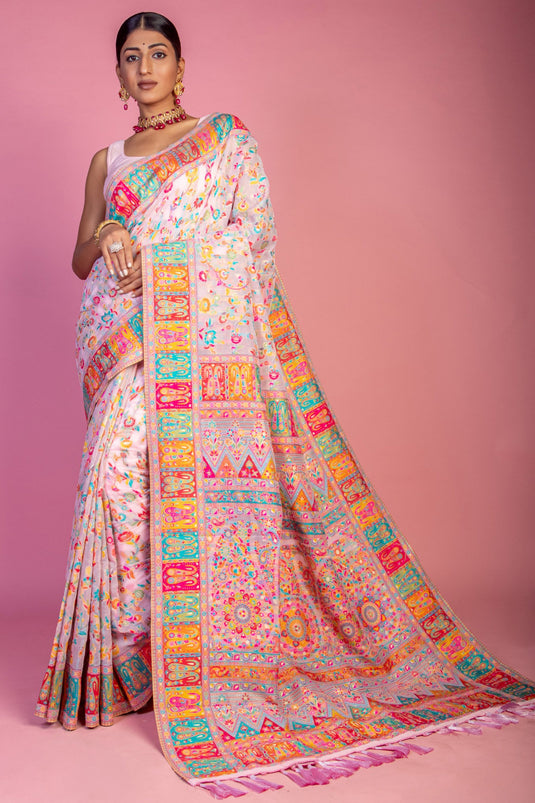 Pink Color Glorious Kashmiri Pashmina Saree With Printed Work