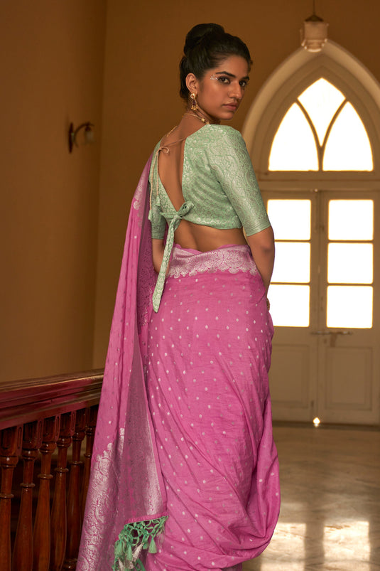 Pink Color Fantastic Crepe Silk Fabric Saree With Weaving Work