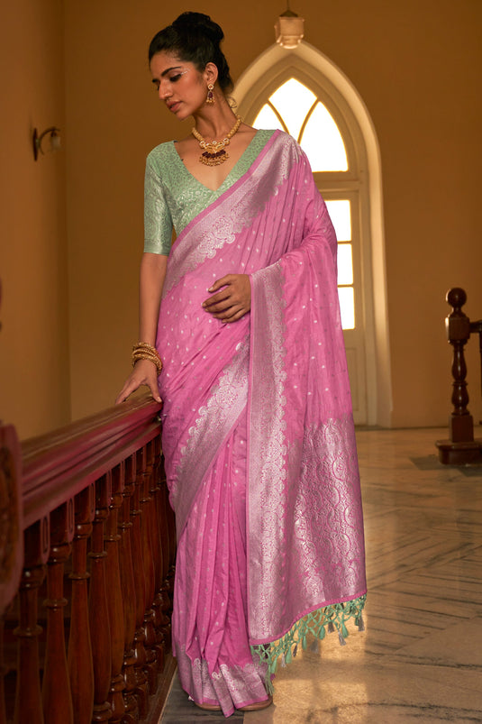 Pink Color Fantastic Crepe Silk Fabric Saree With Weaving Work