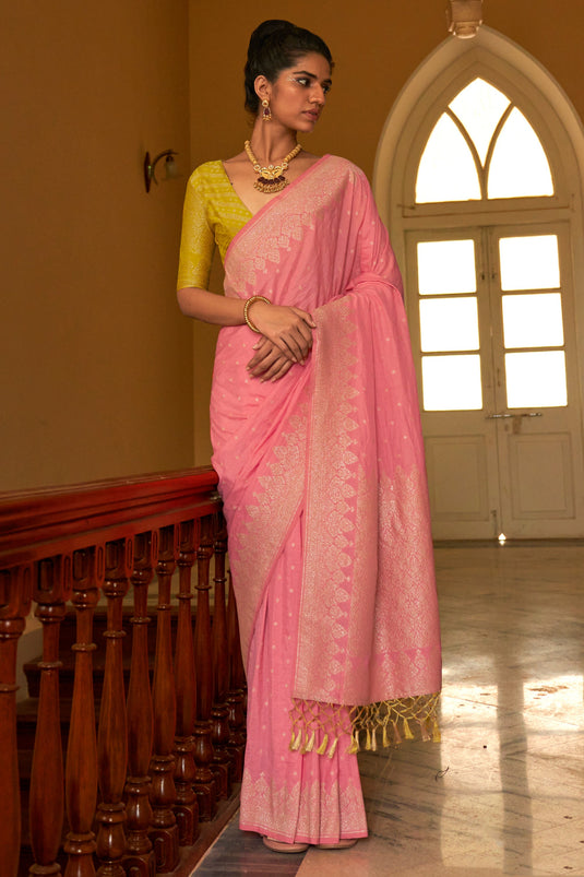 Imperial Peach Color Crepe Silk Fabric Saree With Weaving Work