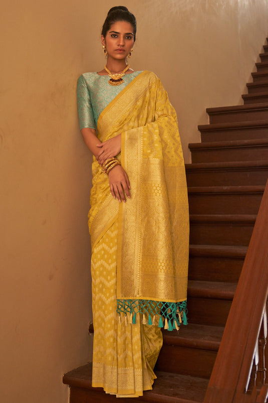 Weaving Work On Flamboyant Crepe Silk Fabric  Saree In Yellow Color