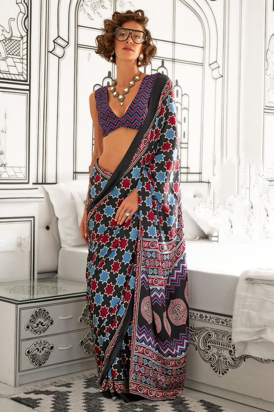 Beguiling Printed Work On Black Color Crepe Fabric Saree