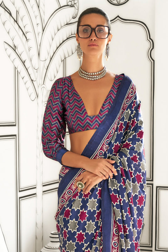 Incredible Printed Work On Crepe Fabric Blue Color Saree