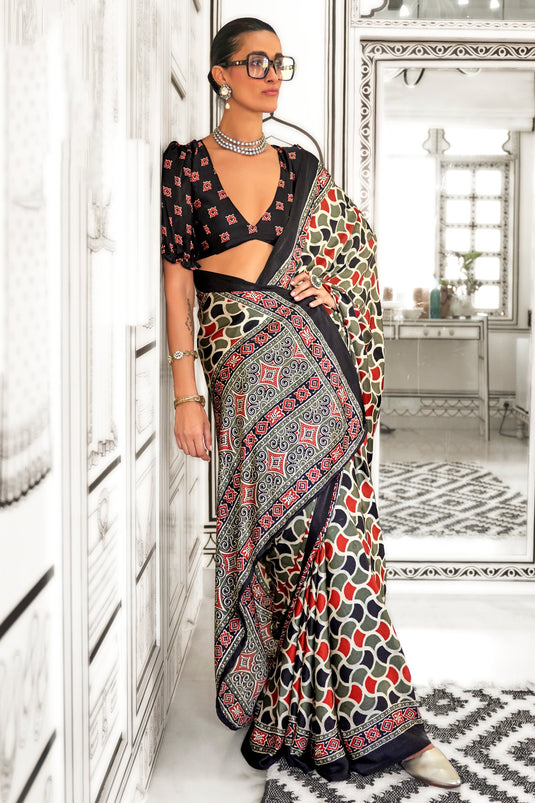 Creative Printed Work On Saree In Multi Color Crepe Fabric