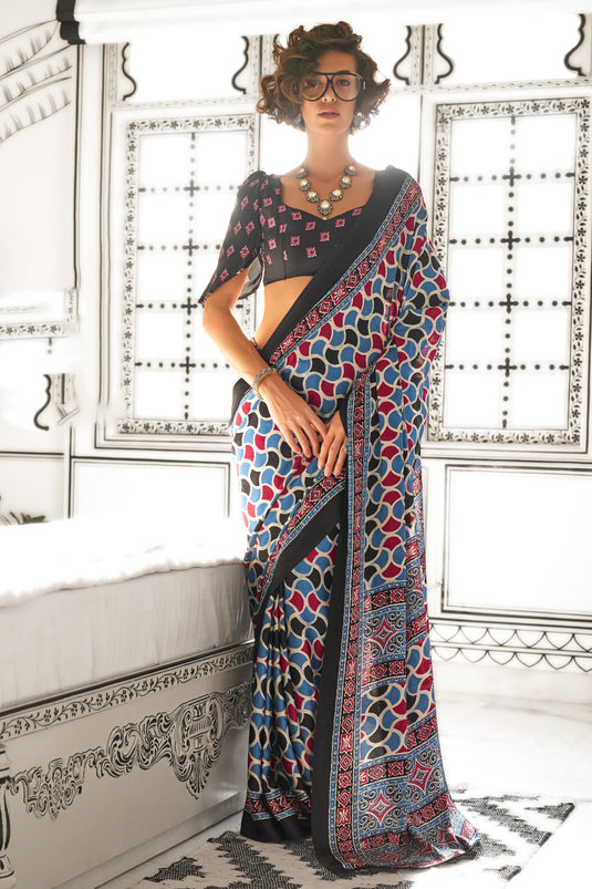 Marvellous Printed Work On Crepe Fabric Saree In Sky Blue Color