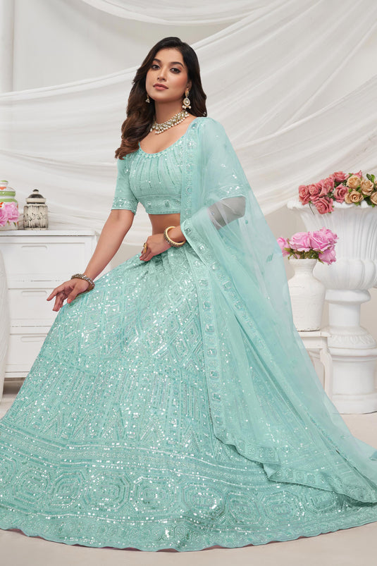 Elegant Blue Net Fabric Sangeet Wear Embroidered Lehenga Choli