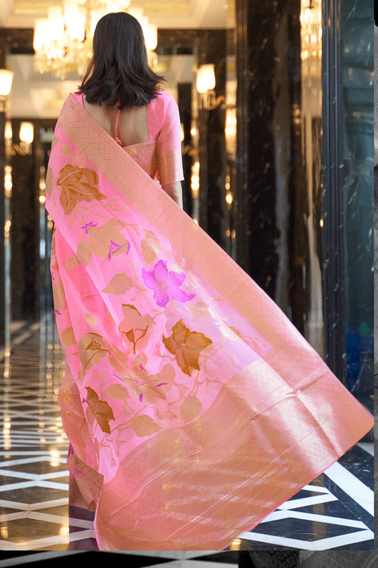 Kanika Dev Alluring Pink Color Weaving Work Art Silk Saree
