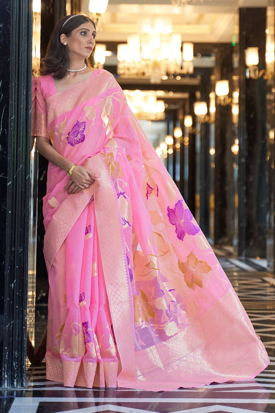 Kanika Dev Alluring Pink Color Weaving Work Art Silk Saree
