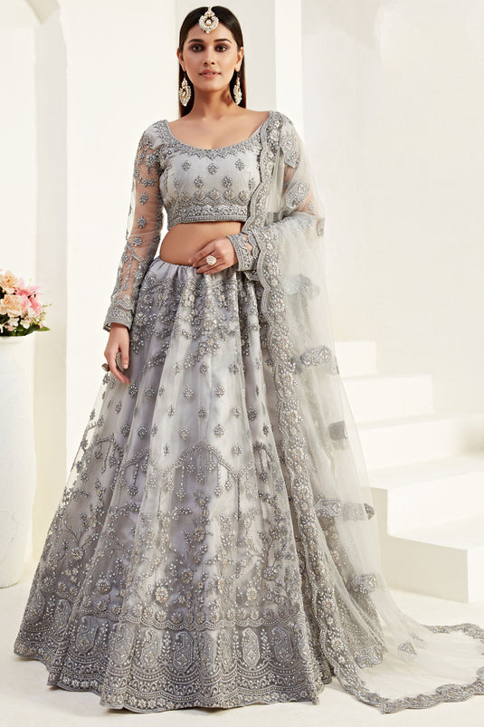 Sangeet Wear Net Fabric Grey Color Stylish Look Designer Lehenga