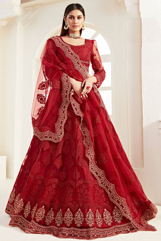 Net Fabric Captivating Sangeet Wear Red Color Designer Lehenga