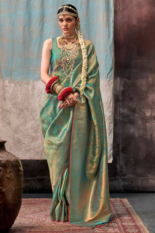 Excellent Art Silk Fabric Sea Green Color Saree With Weaving Work