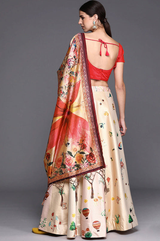 Excellent Satin Silk Fabric Beige Color Lehenga With Printed Work