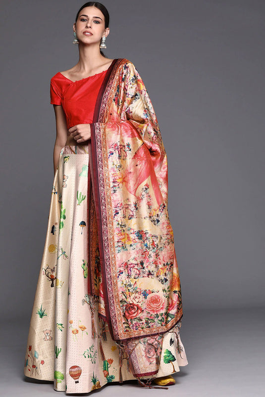 Excellent Satin Silk Fabric Beige Color Lehenga With Printed Work