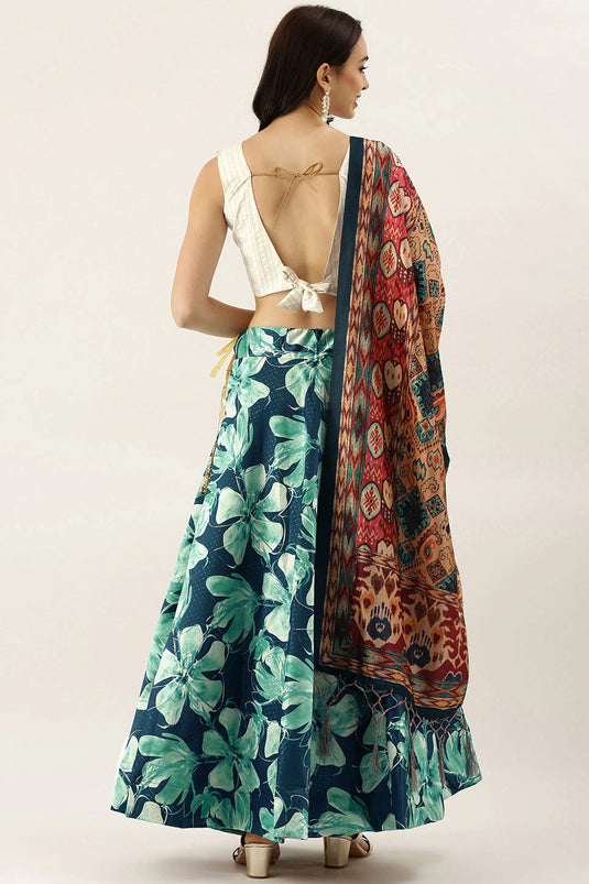 Teal Color Printed Work On Satin Silk Fabric Beatific Lehenga