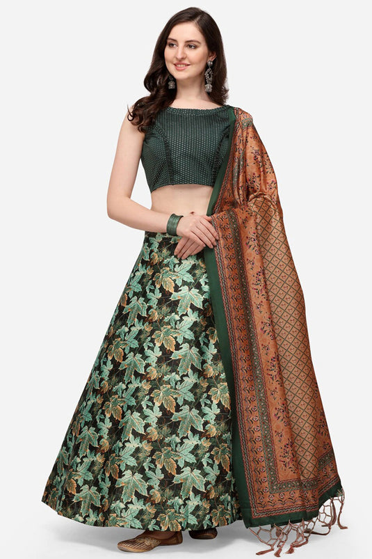 Tempting Satin Silk Fabric Green Color Lehenga With Printed Work