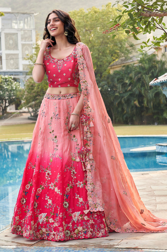 Pink Color Charismatic Function Style Organza Fabric Lehenga