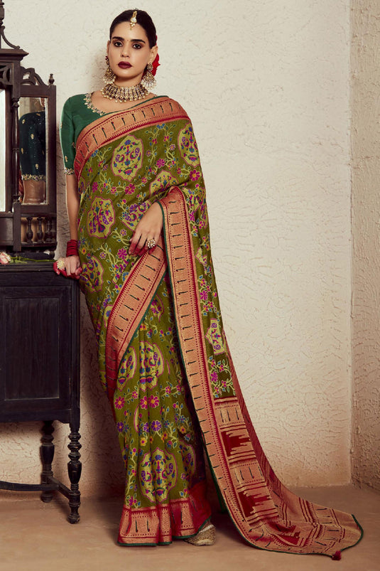 Weaving Work Imposing Brasso Fabric Saree In Olive Color