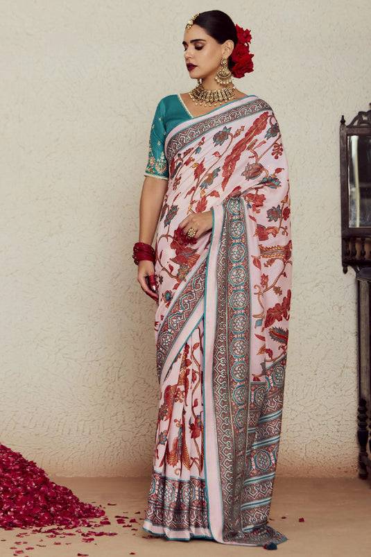 Weaving Work Soothing Brasso Fabric Saree In Off White Color