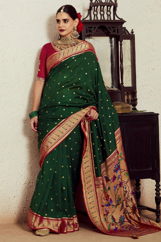 Green Color Glorious Brasso Fabric Saree With Weaving Work