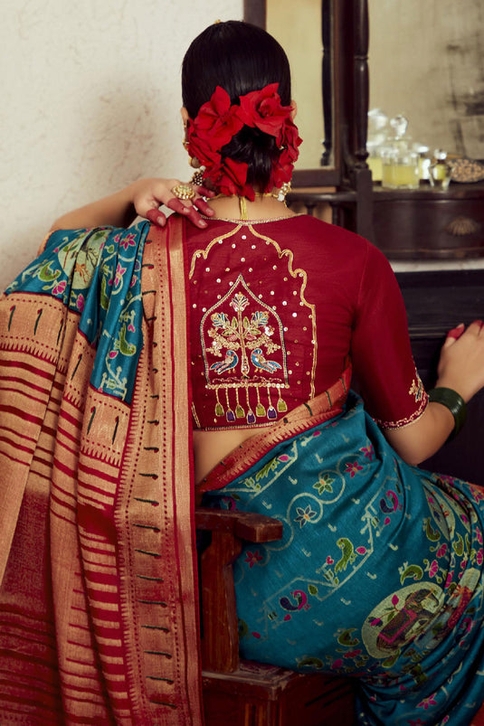 Cyan Color Weaving Work Glamorous Brasso Fabric Saree