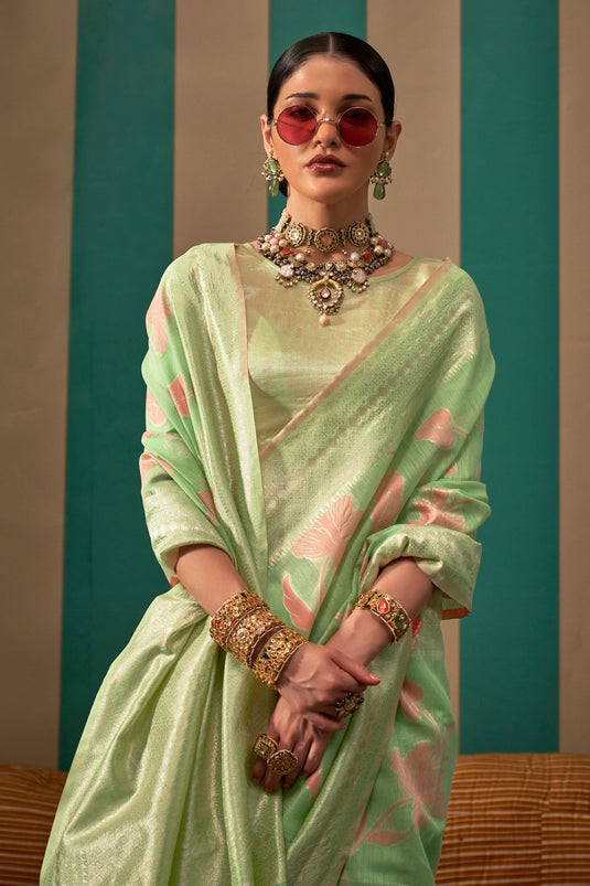 Weaving Work On Captivating Art Silk Fabric Function Wear Saree In Sea Green Color