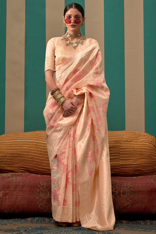 Weaving Work On Awesome Art Silk Fabric Function Wear Saree In Peach Color