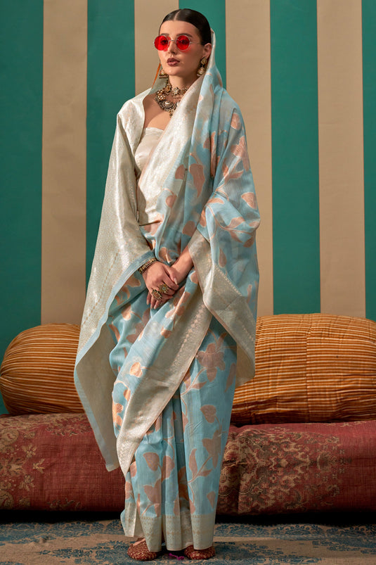 Light Cyan Color Fantastic Art Silk Fabric Function Wear Saree With Weaving Work