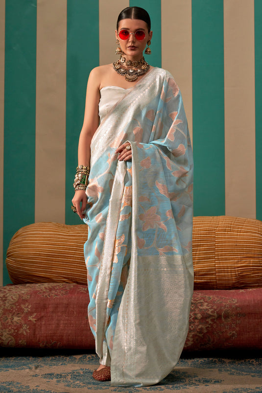 Light Cyan Color Fantastic Art Silk Fabric Function Wear Saree With Weaving Work