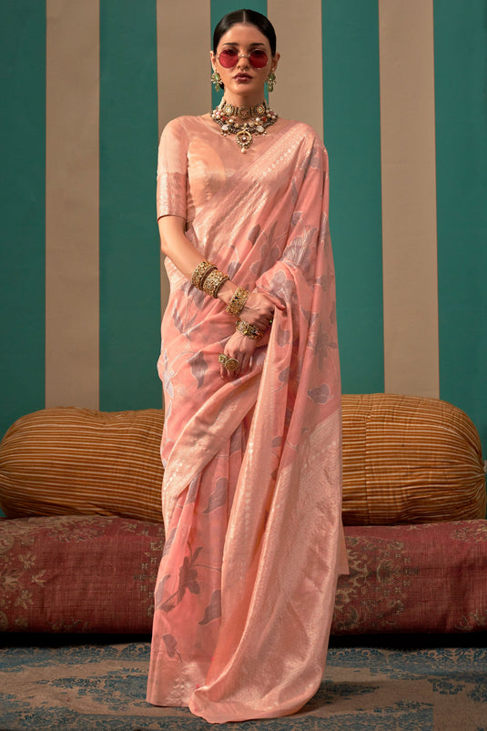 Appealing Weaving Work Function Wear Art Silk Fabric Saree In Peach Color