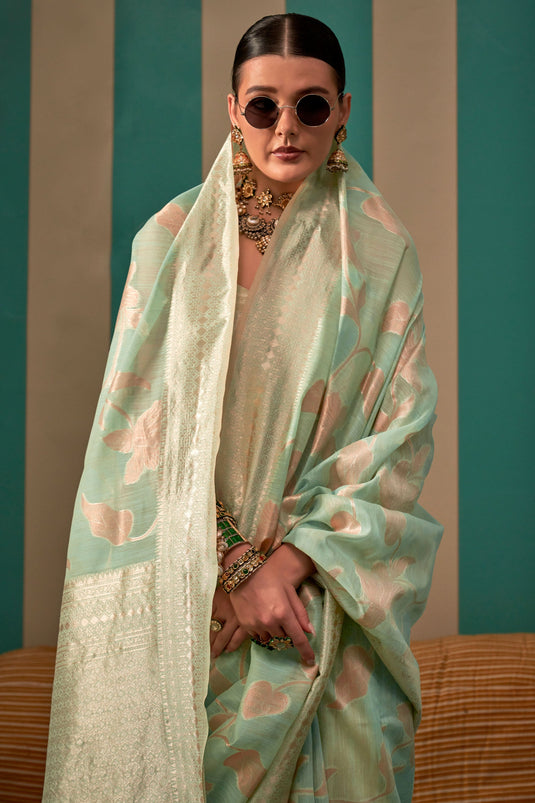 Weaving Work On Sea Green Color Aristocratic Art Silk Fabric Function Wear Saree