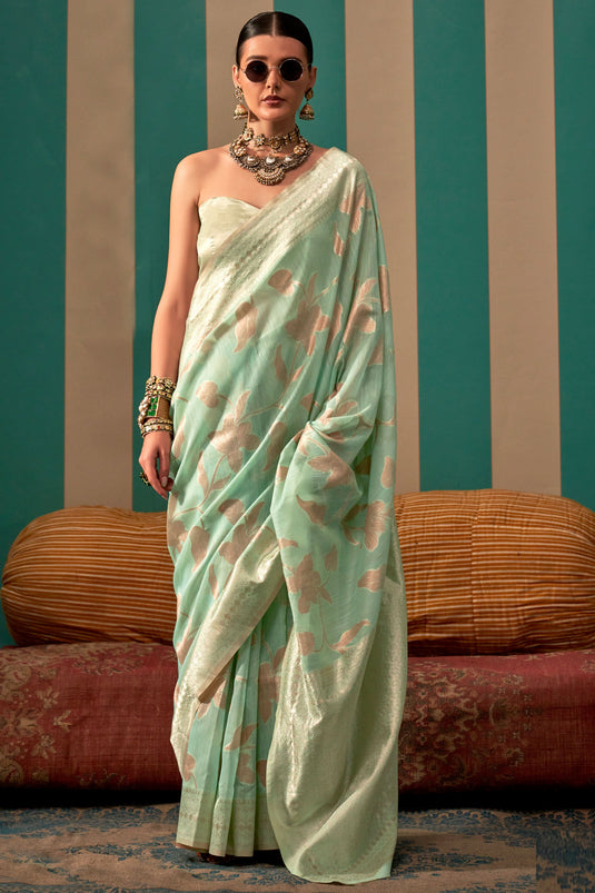 Weaving Work On Sea Green Color Aristocratic Art Silk Fabric Function Wear Saree